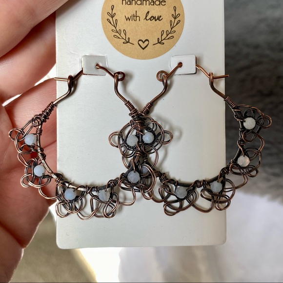 Blue Lace Agate Handcrafted Copper “Lace” Hoop Earrings - Picture 5 of 8